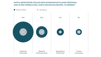 Anteil befristeter Stellen beim wissenschaftlichen Personal und in der Verwaltung (nach Hochschulgruppe in Prozent) (Infografik)